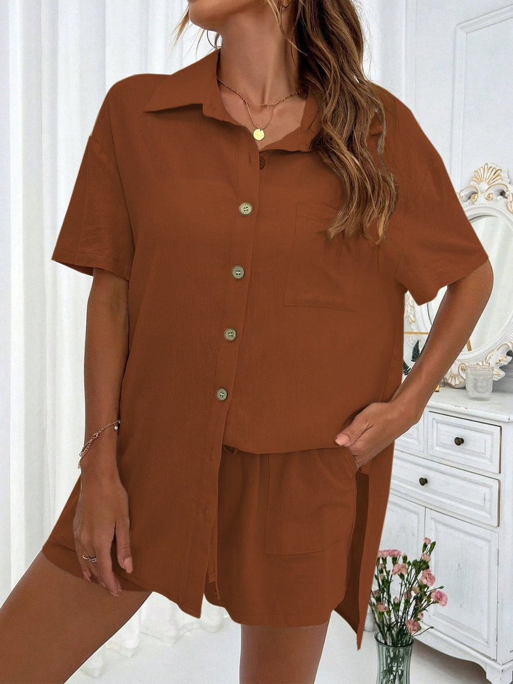 Honey Button Up Half Sleeve Top and Shorts Set - ViarousViarousViarous