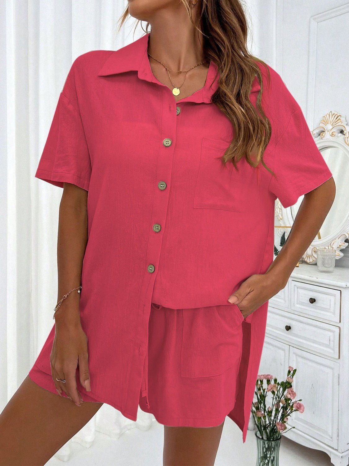 Honey Button Up Half Sleeve Top and Shorts Set - ViarousViarousViarous