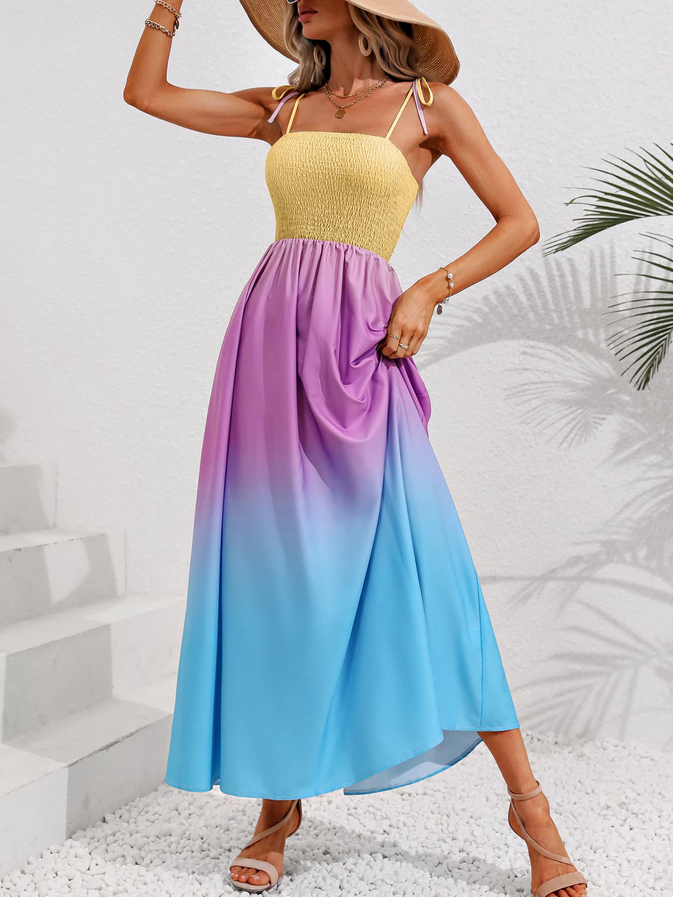 Honey Color Block Tie Shoulder Smocked Maxi Dress - ViarousViarousViarous