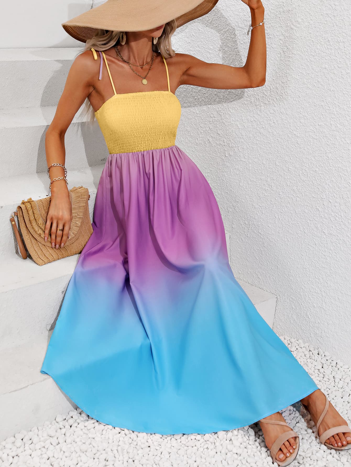 Honey Color Block Tie Shoulder Smocked Maxi Dress - ViarousViarousViarous