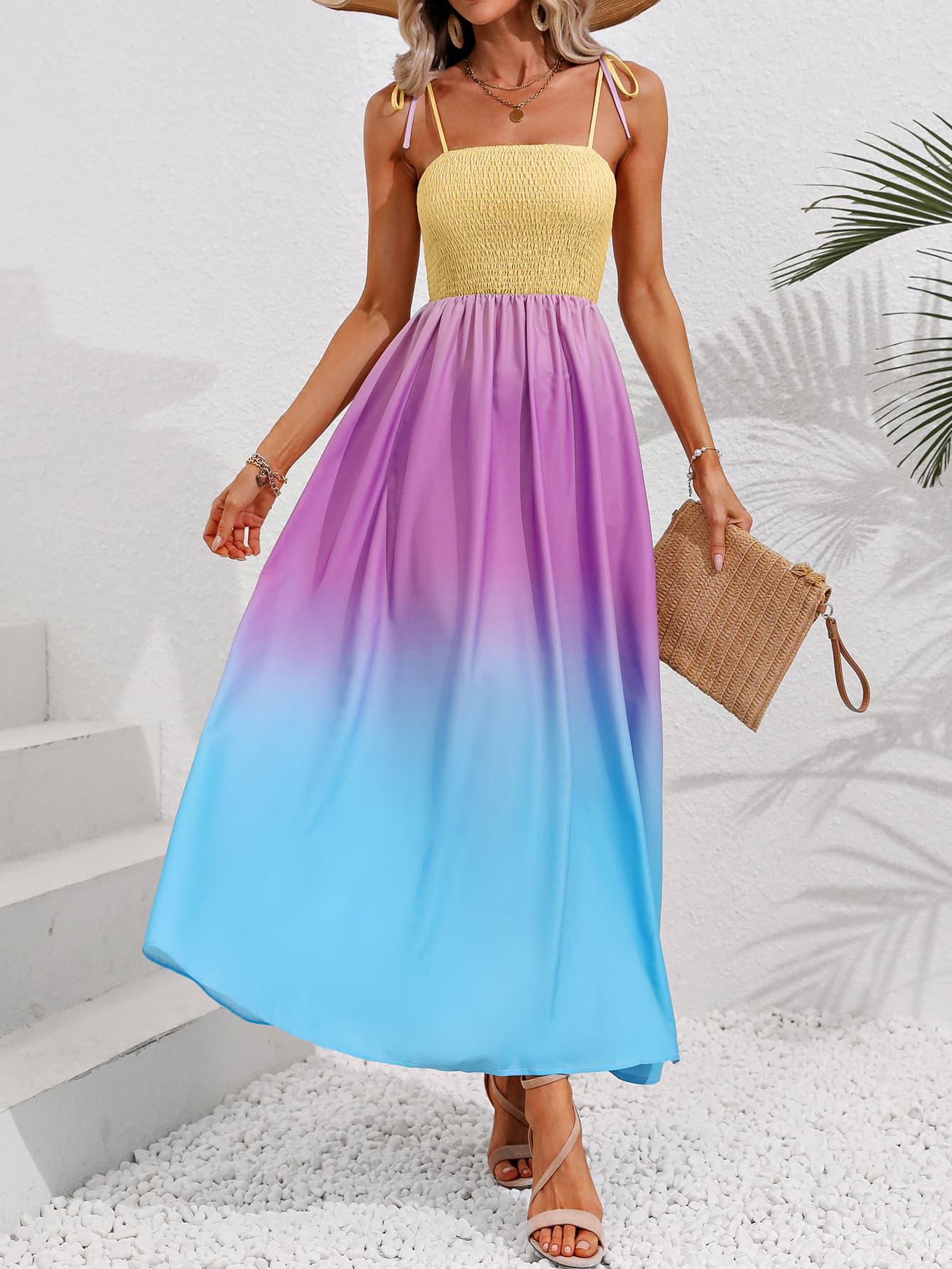 Honey Color Block Tie Shoulder Smocked Maxi Dress - ViarousViarousViarous