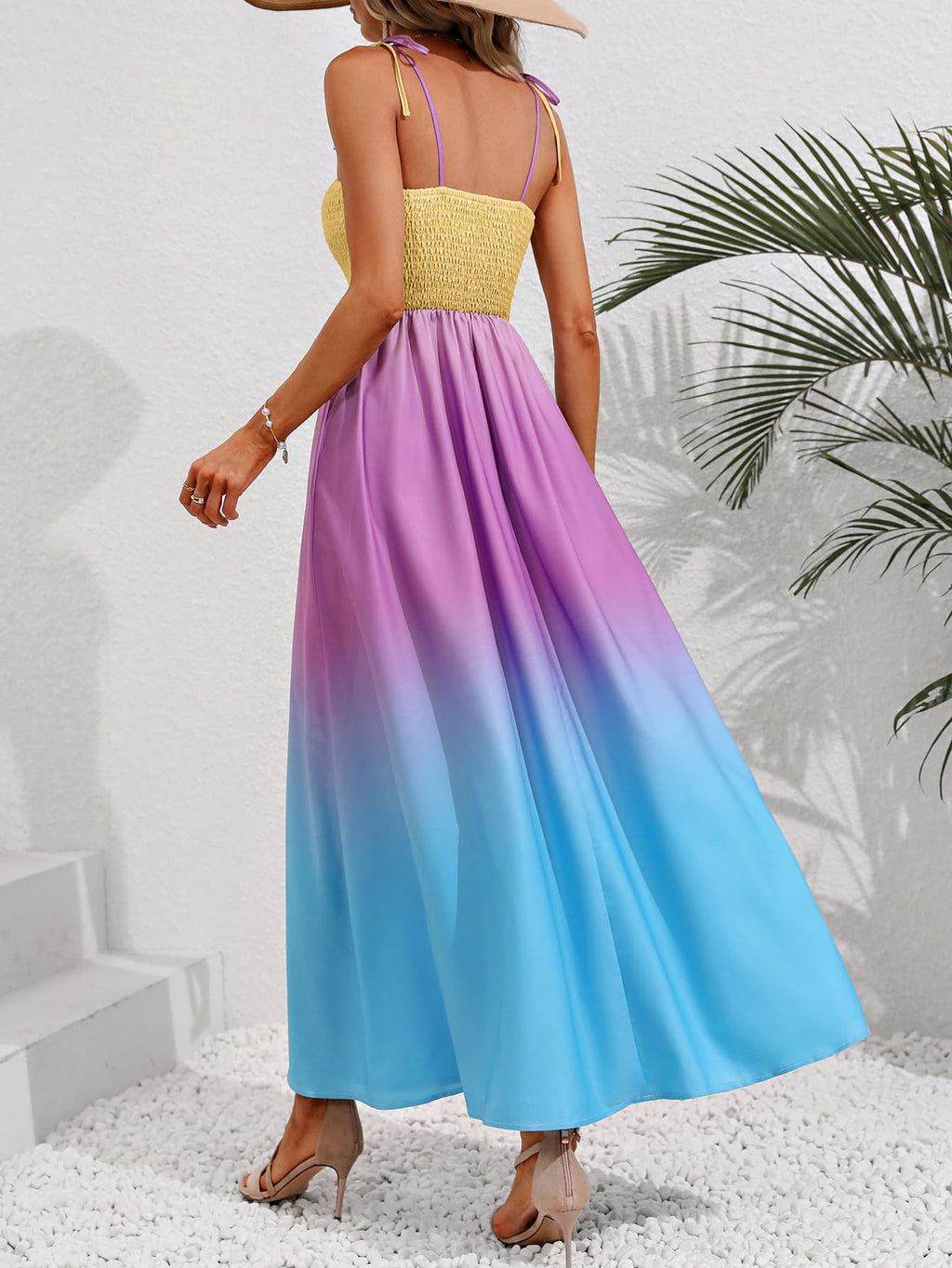 Honey Color Block Tie Shoulder Smocked Maxi Dress - ViarousViarousViarous
