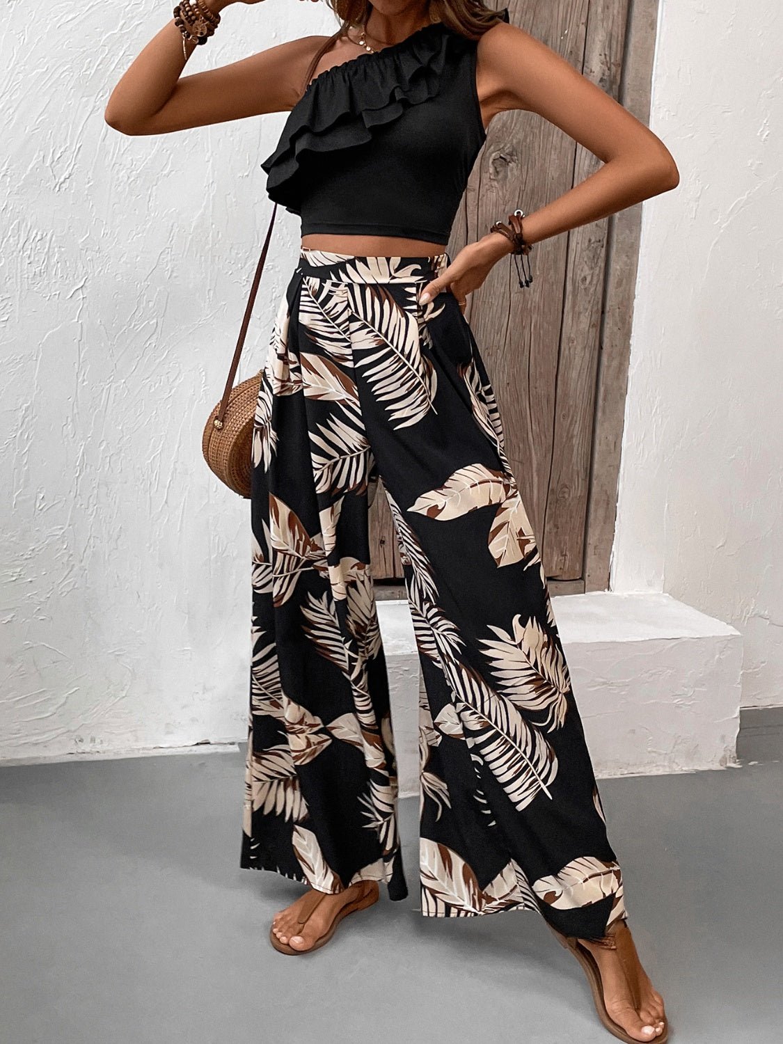 Honey Ruffled Sleeveless Top and Printed Pants Set - ViarousViarousViarous