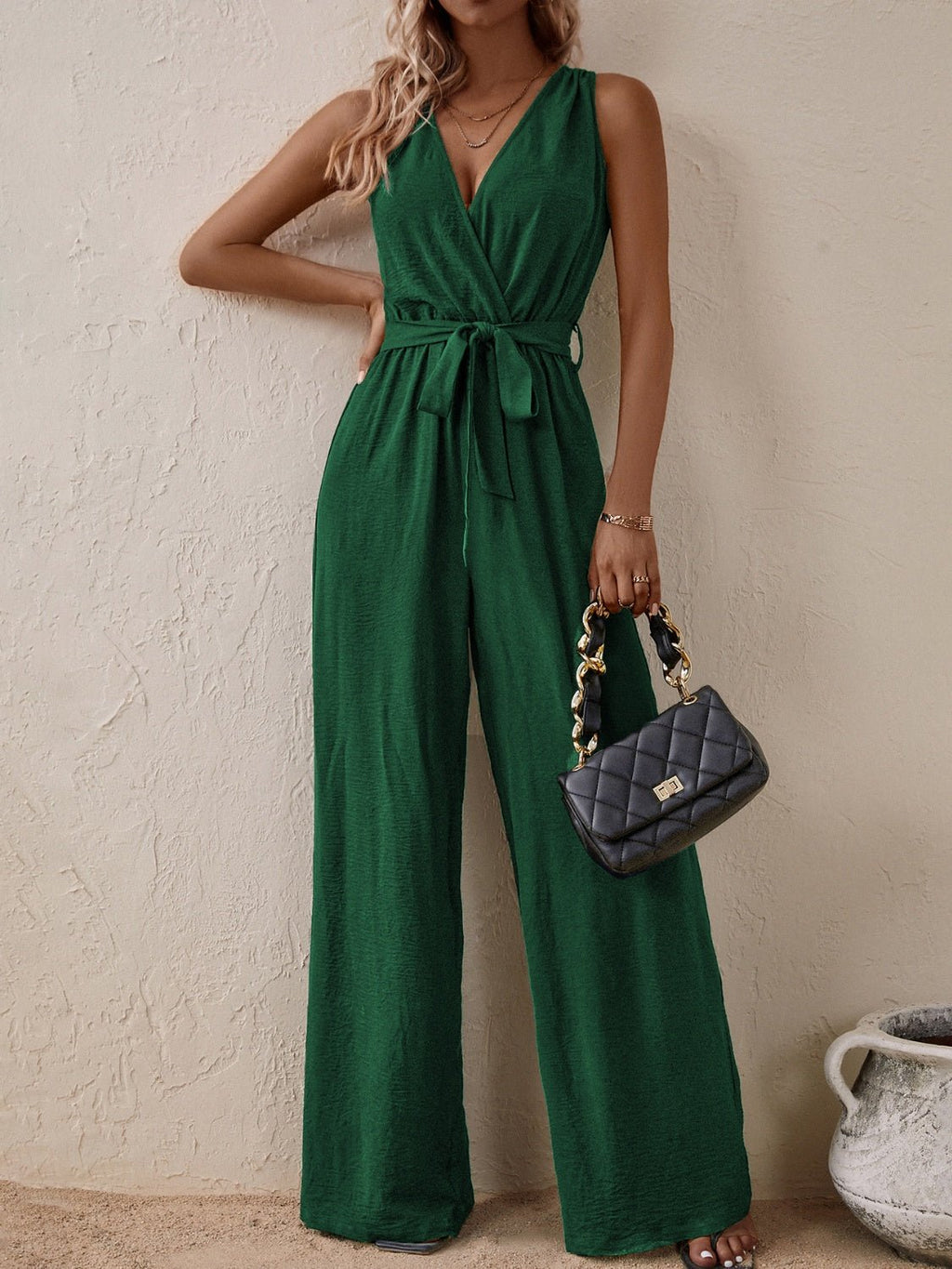 Honey Tied Surplice Sleeveless Wide Leg Jumpsuit - ViarousViarousViarous