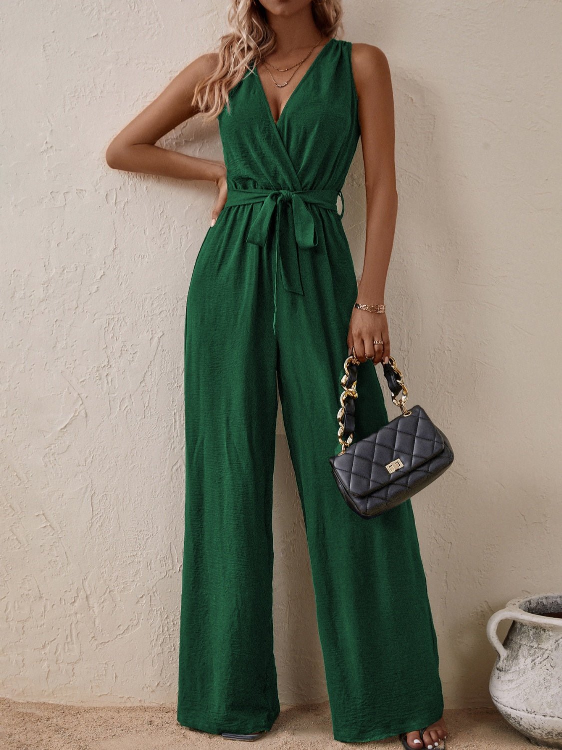 Honey Tied Surplice Sleeveless Wide Leg Jumpsuit - ViarousViarousViarous