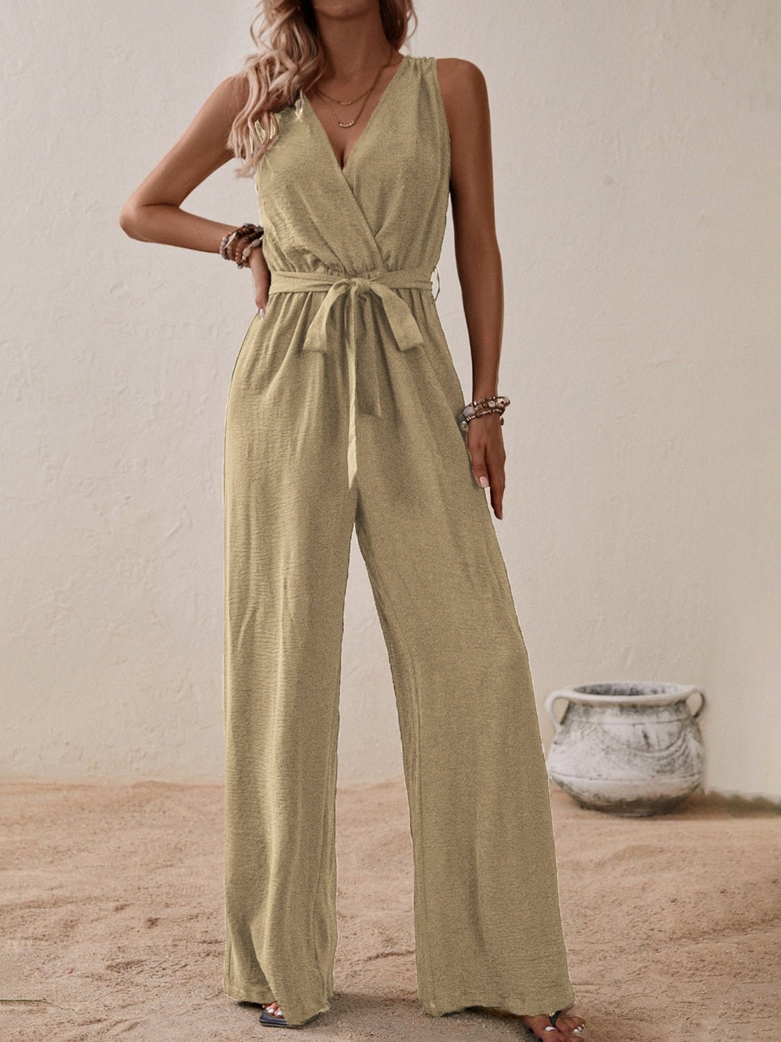 Honey Tied Surplice Sleeveless Wide Leg Jumpsuit - ViarousViarousViarous