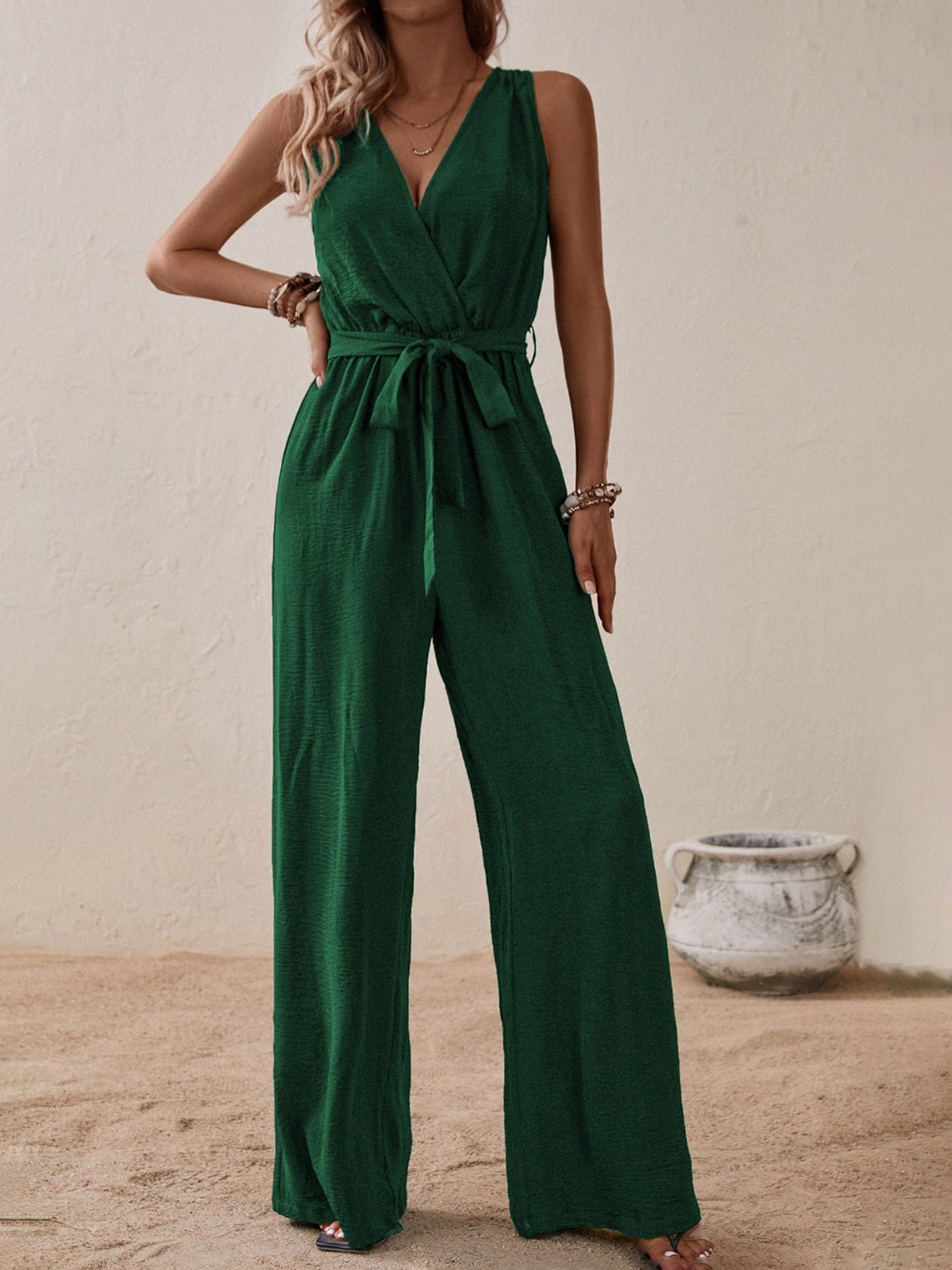 Honey Tied Surplice Sleeveless Wide Leg Jumpsuit - ViarousViarousViarous