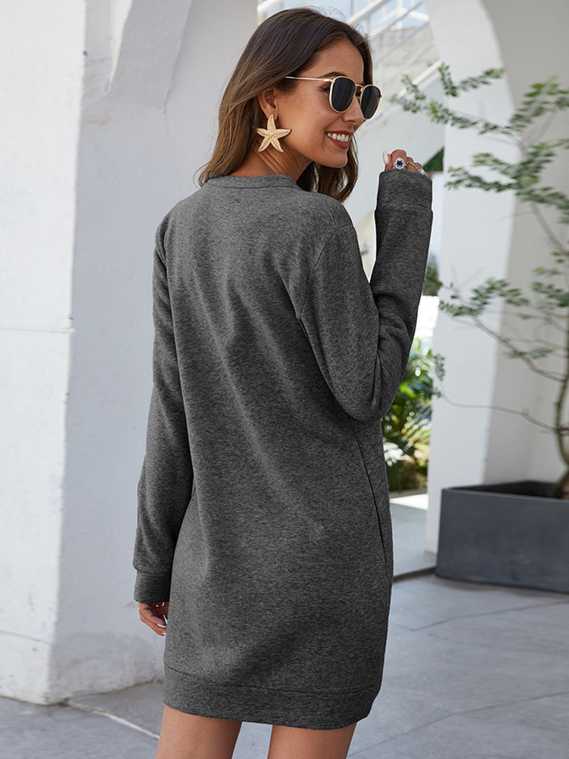 Ivy Lane Round Neck Long Sleeve Mini Dress with Pockets - ViarousViarousViarous