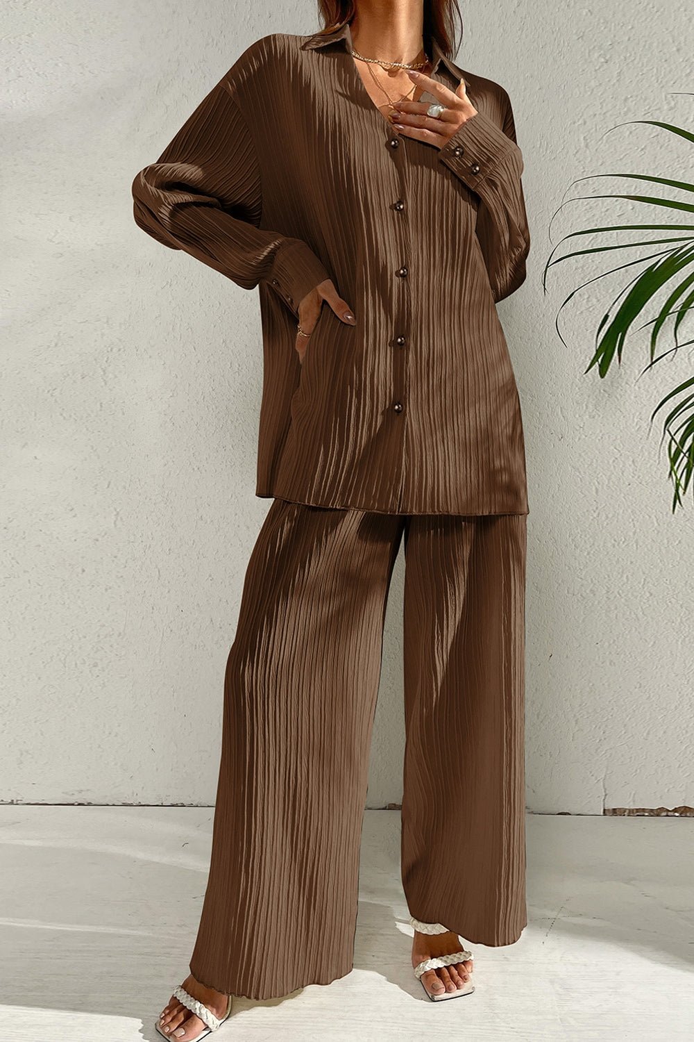 Johnny Collar Button Down Top and Pants Set - ViarousViarousViarous