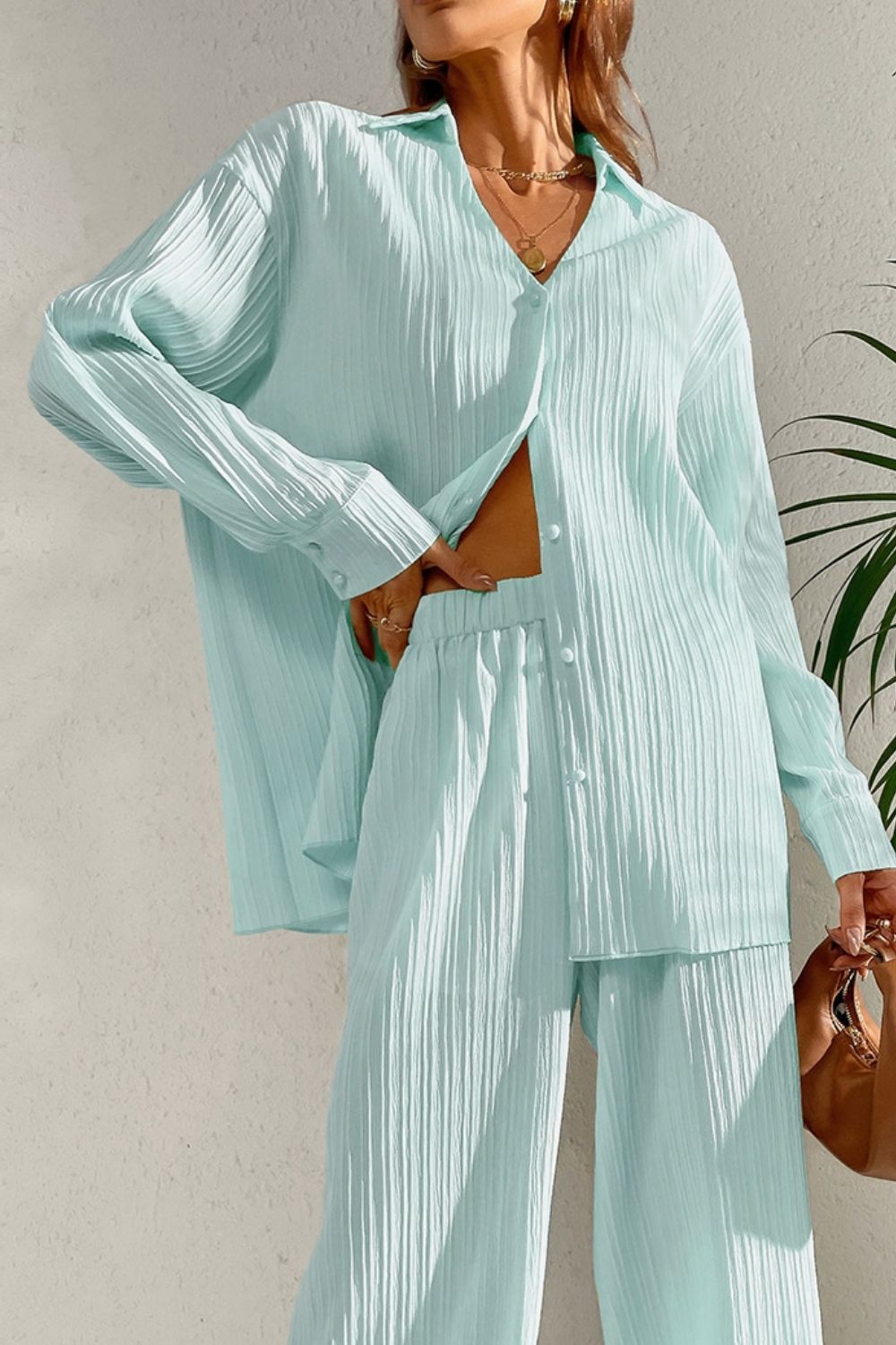 Johnny Collar Button Down Top and Pants Set - ViarousViarousViarous