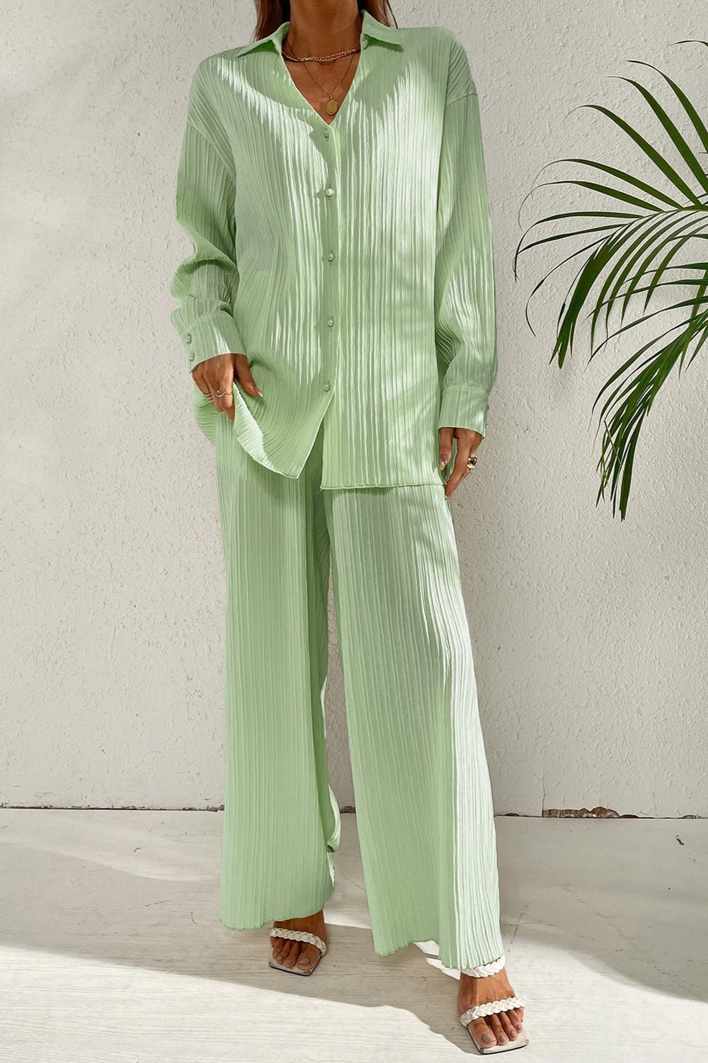 Johnny Collar Button Down Top and Pants Set - ViarousViarousViarous