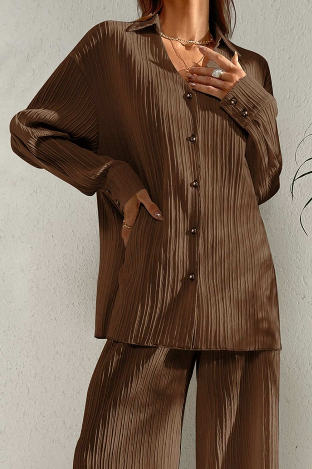 Johnny Collar Button Down Top and Pants Set - ViarousViarousViarous