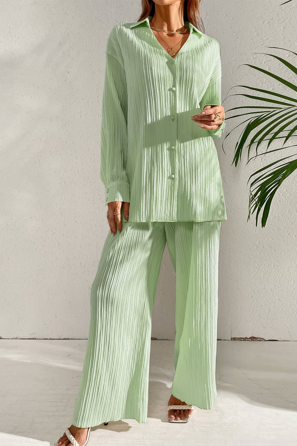 Johnny Collar Button Down Top and Pants Set - ViarousViarousViarous