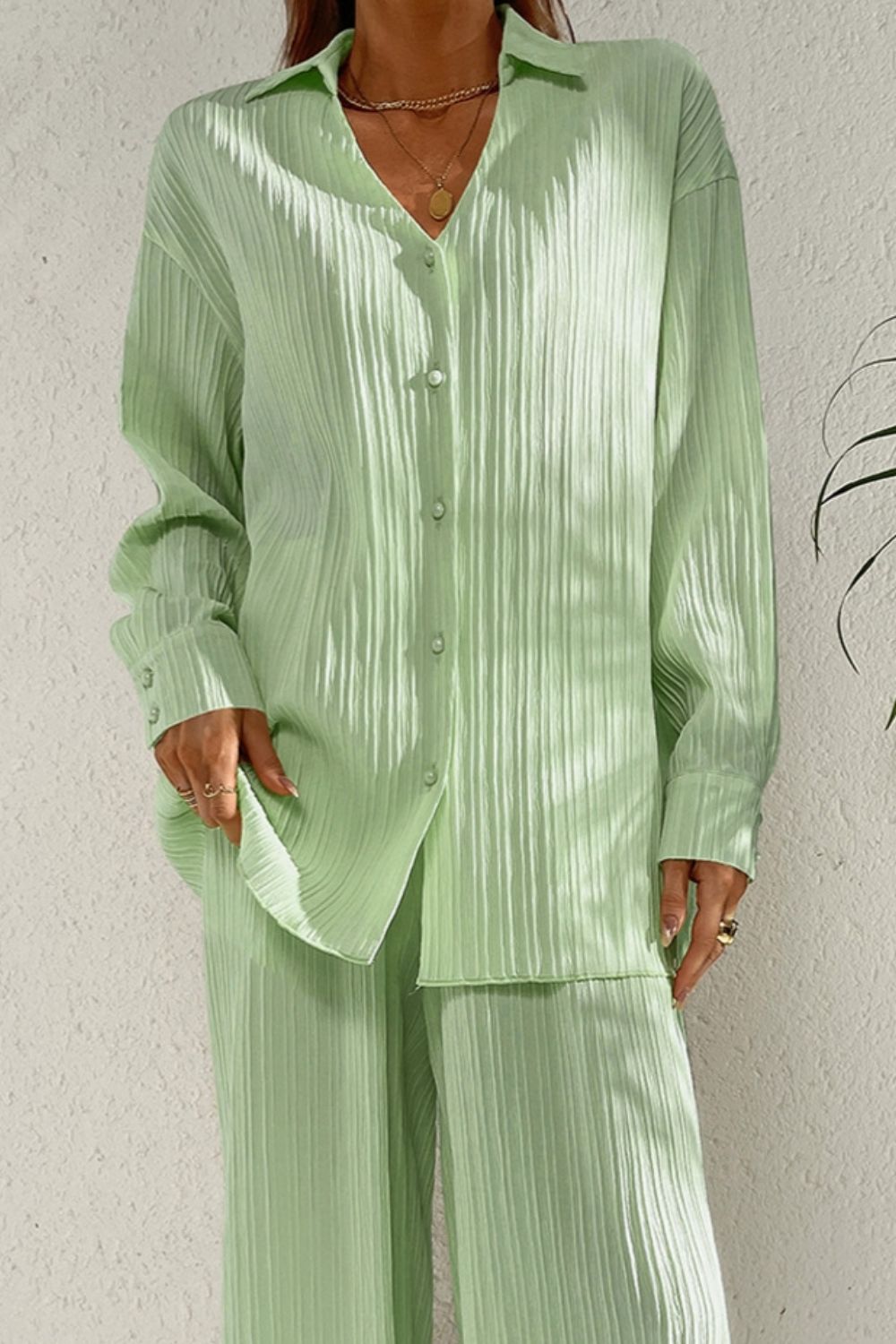 Johnny Collar Button Down Top and Pants Set - ViarousViarousViarous