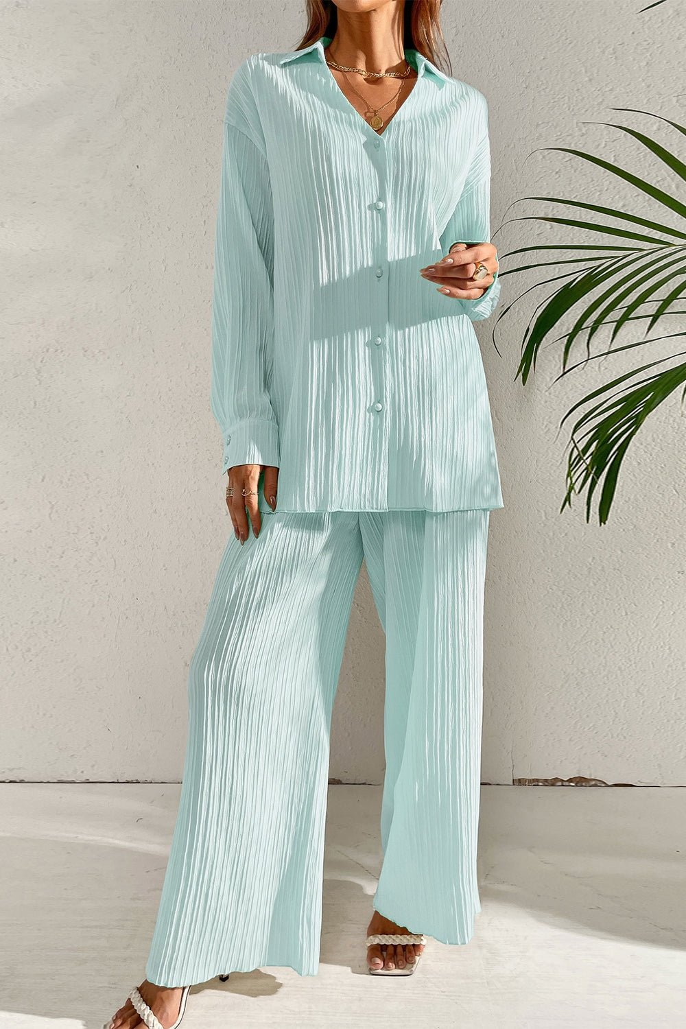Johnny Collar Button Down Top and Pants Set - ViarousViarousViarous