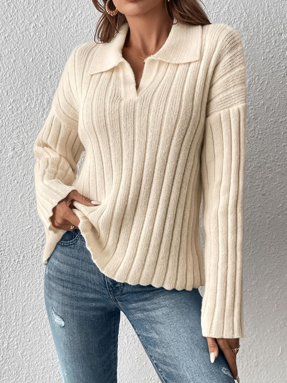 Johnny Collar Long Sleeve Sweater - ViarousViarousViarous