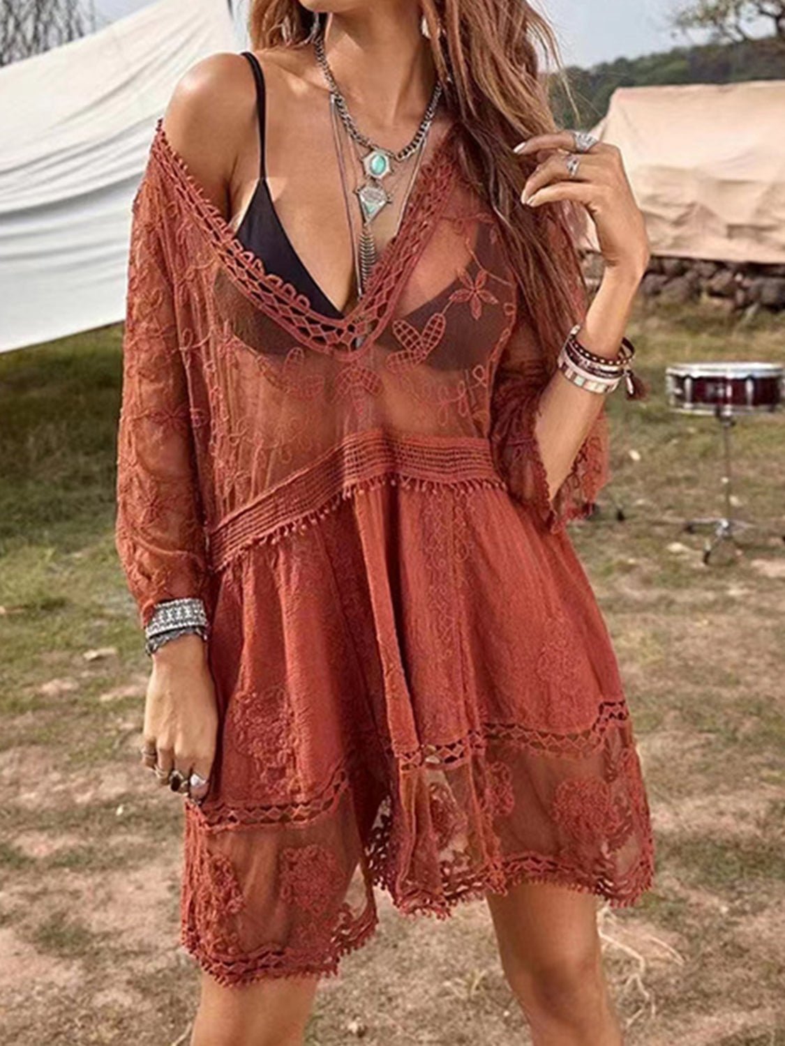Lace Detail Plunge Cover - Up Dress - ViarousViarousViarous
