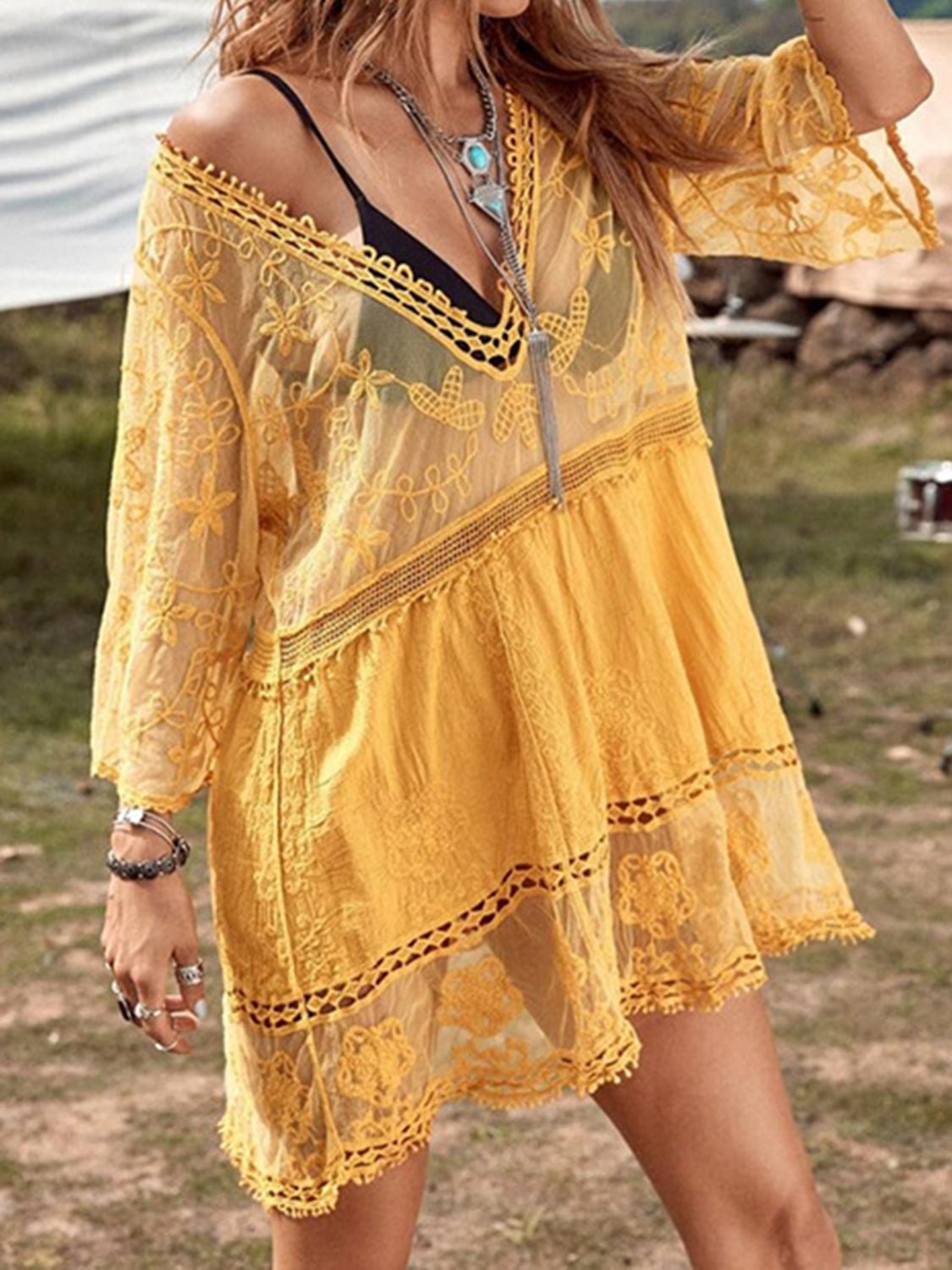 Lace Detail Plunge Cover - Up Dress - ViarousViarousViarous