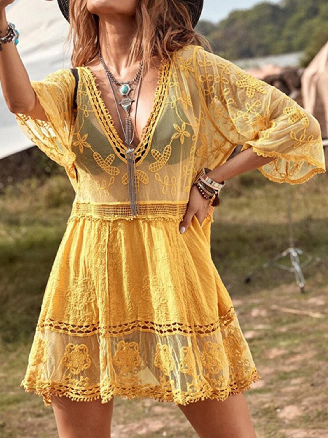 Lace Detail Plunge Cover - Up Dress - ViarousViarousViarous