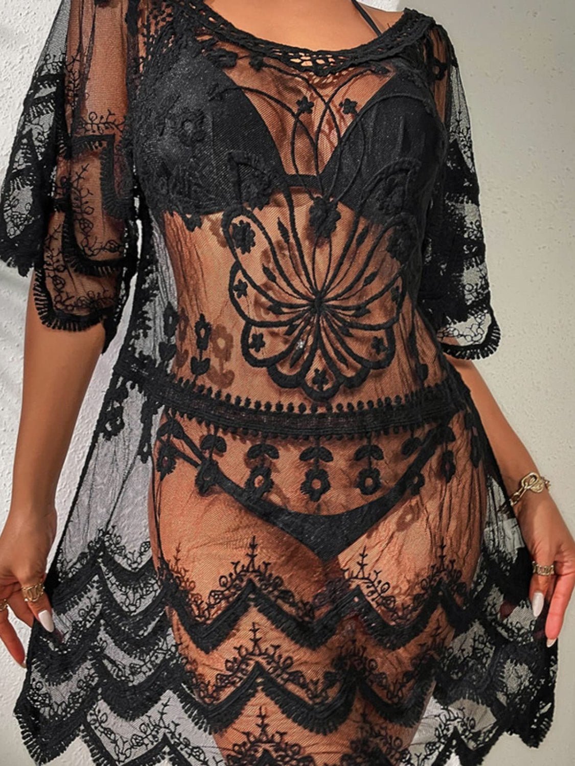 Lace Round Neck Half Sleeve Cover - Up - ViarousViarousViarous