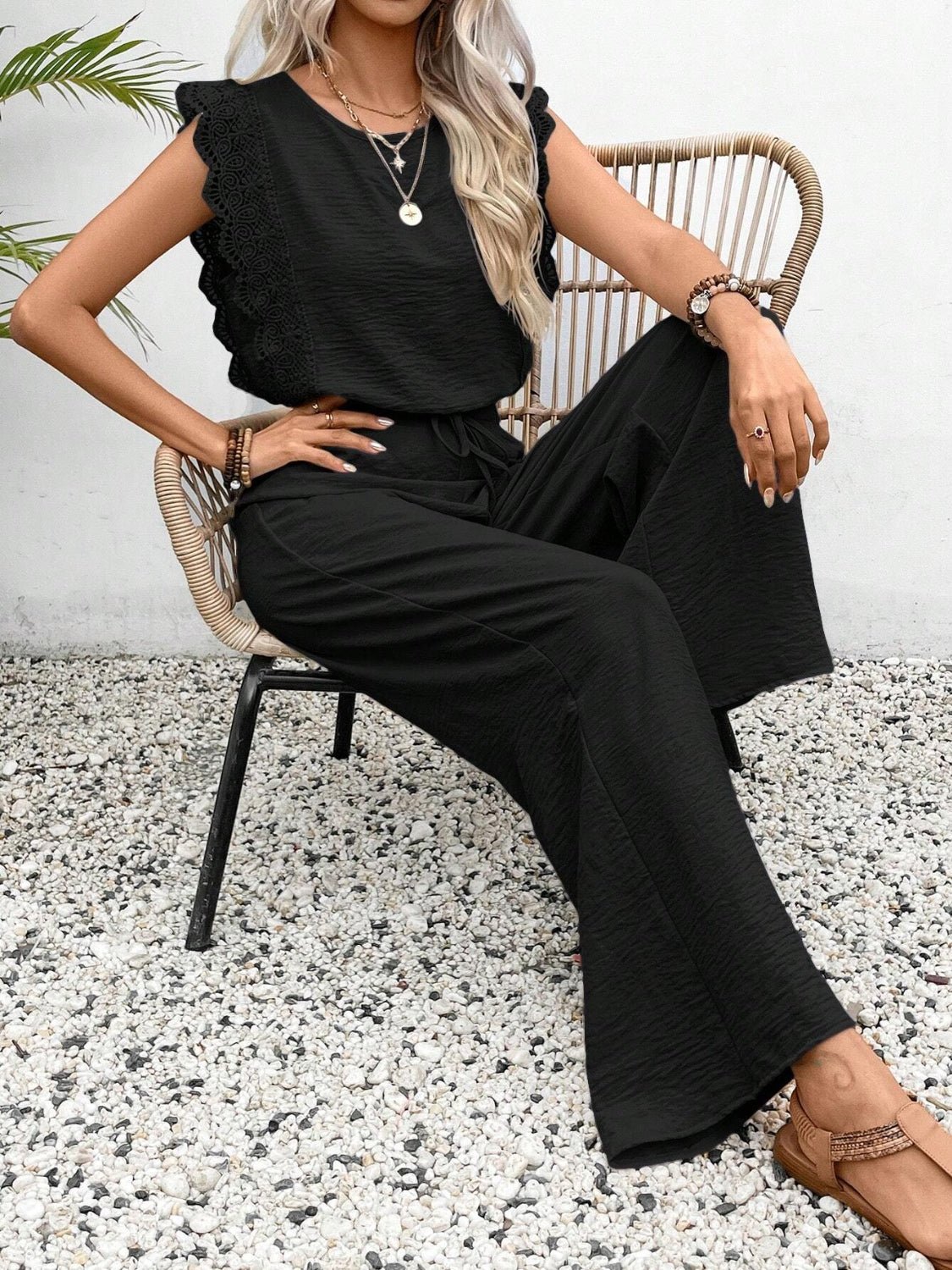 Lace Trim Round Neck Top and Pants Set - ViarousViarousViarous