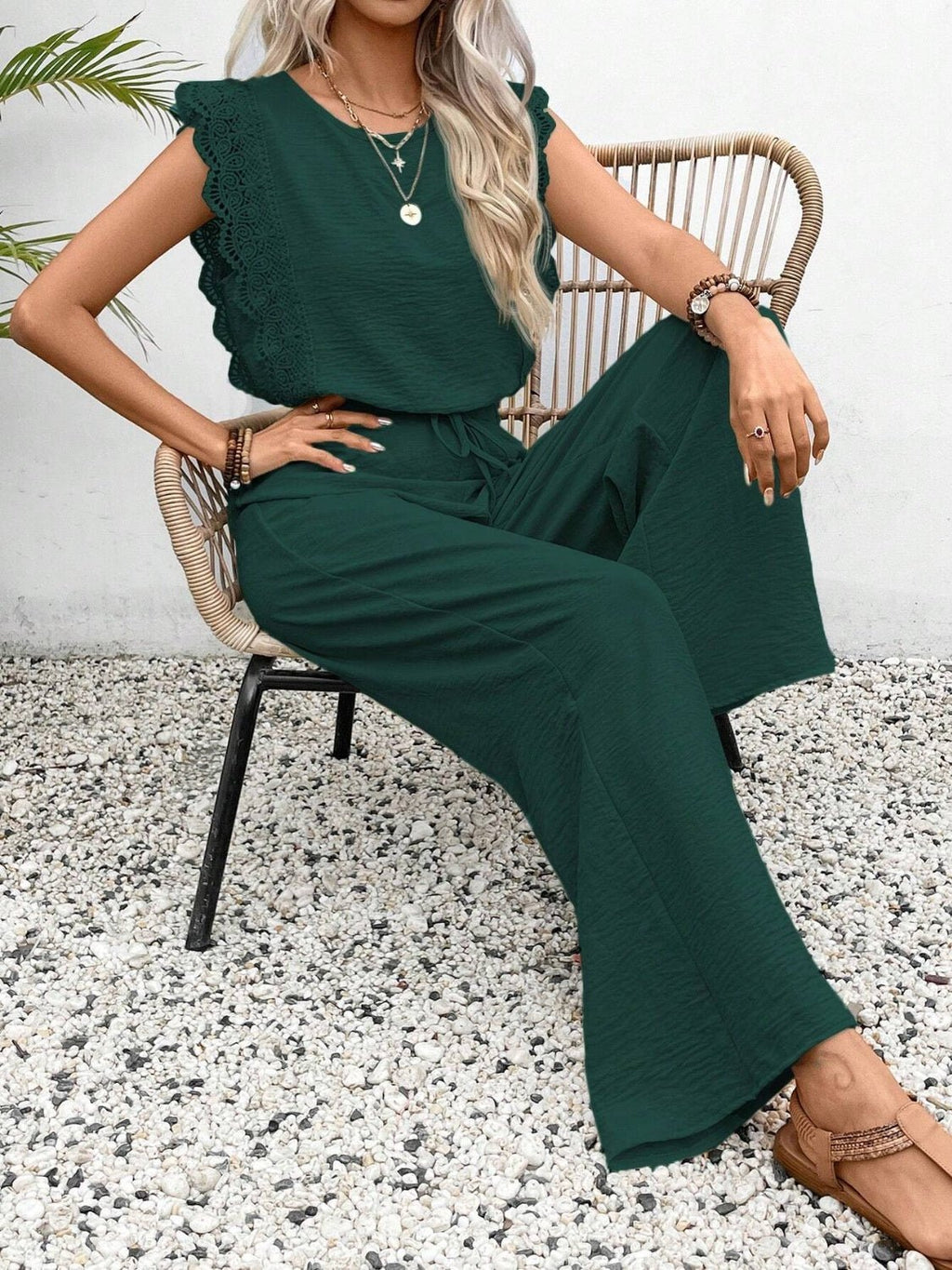Lace Trim Round Neck Top and Pants Set - ViarousViarousViarous