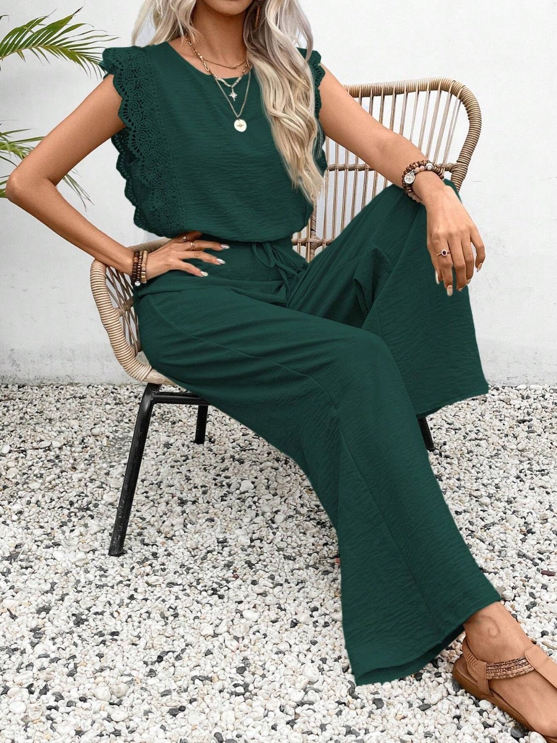 Lace Trim Round Neck Top and Pants Set - ViarousViarousViarous
