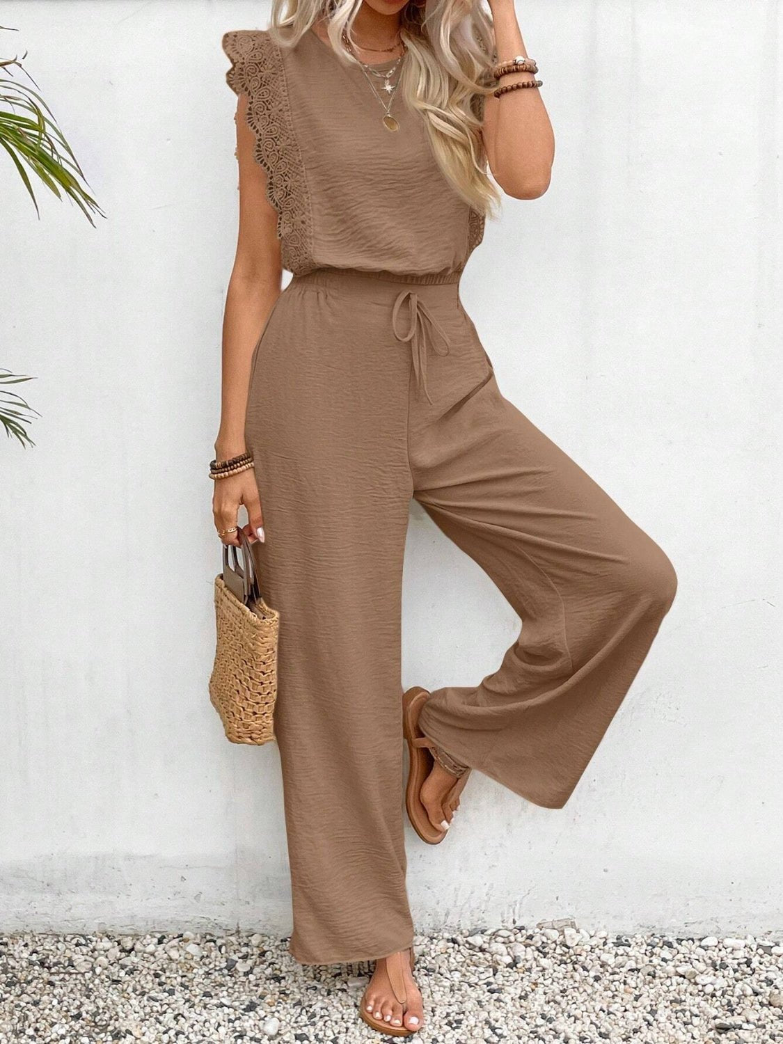 Lace Trim Round Neck Top and Pants Set - ViarousViarousViarous