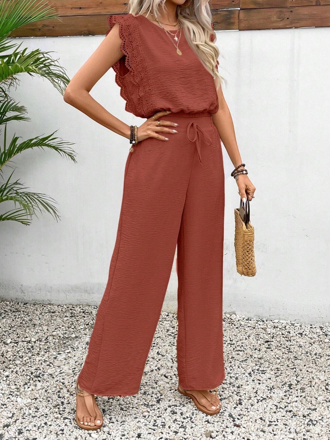 Lace Trim Round Neck Top and Pants Set - ViarousViarousViarous