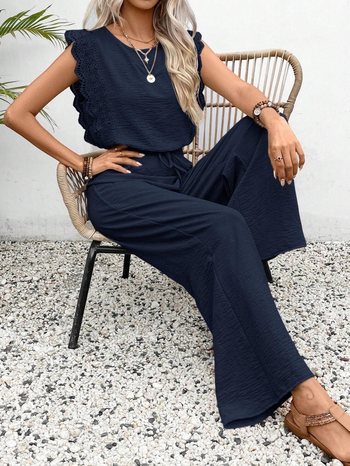 Lace Trim Round Neck Top and Pants Set - ViarousViarousViarous
