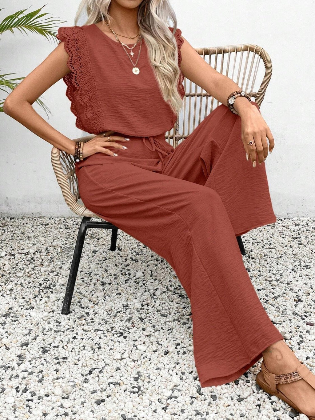Lace Trim Round Neck Top and Pants Set - ViarousViarousViarous
