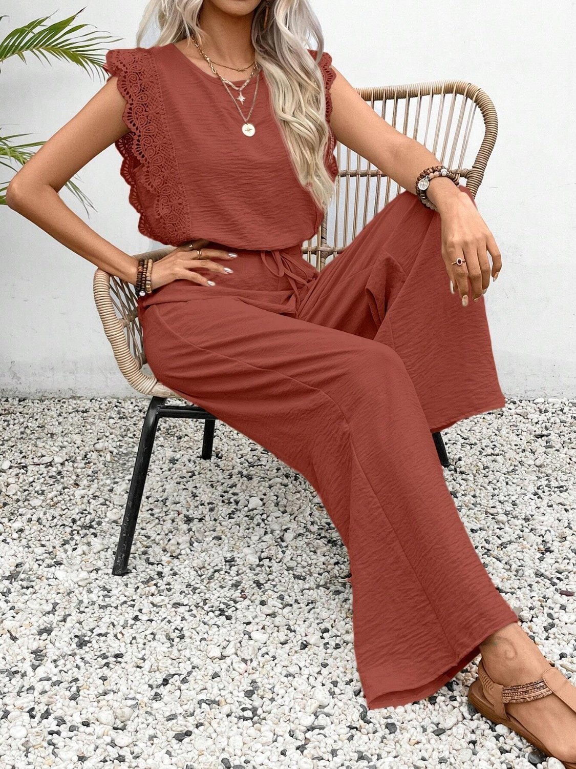 Lace Trim Round Neck Top and Pants Set - ViarousViarousViarous