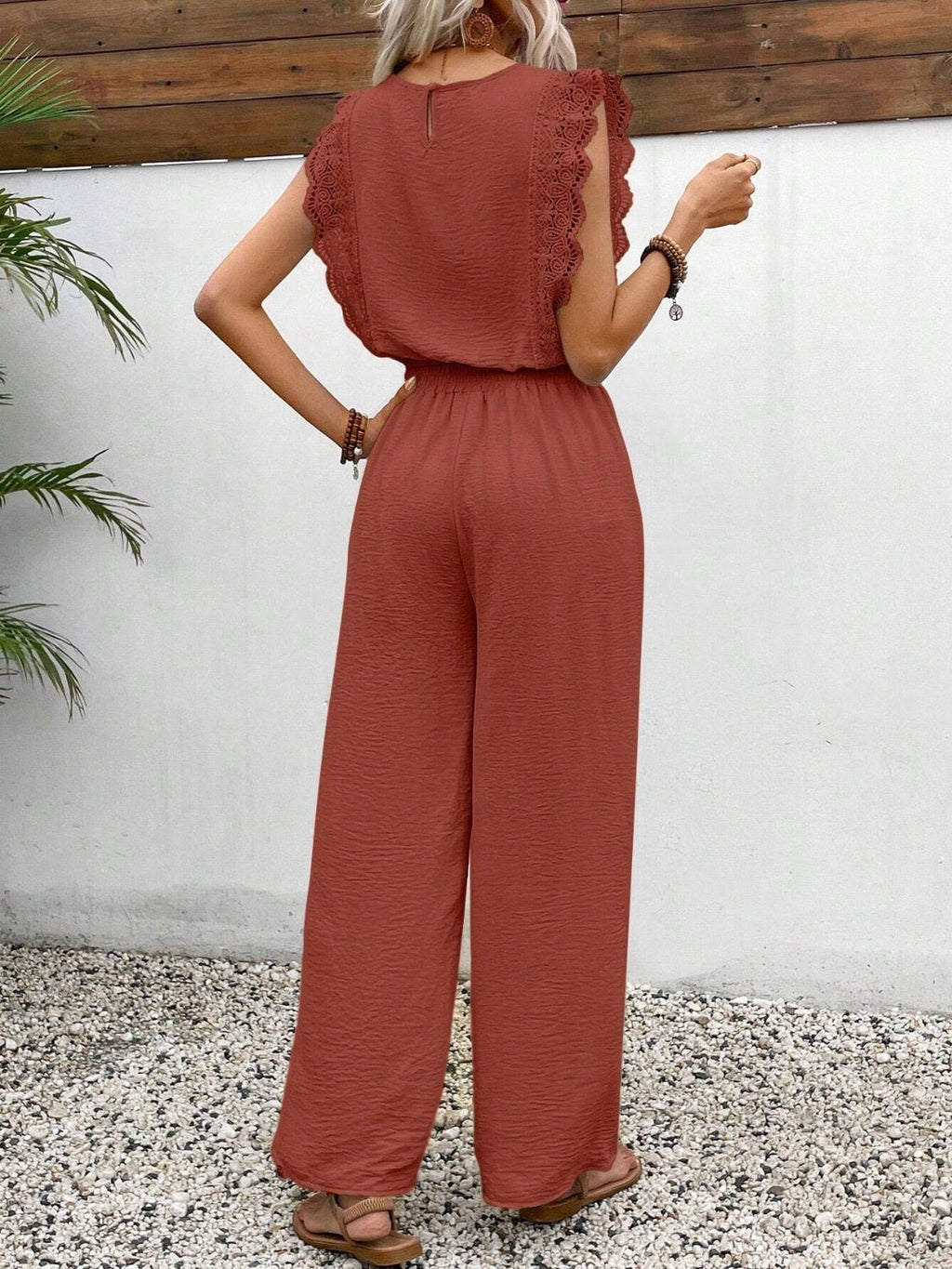 Lace Trim Round Neck Top and Pants Set - ViarousViarousViarous