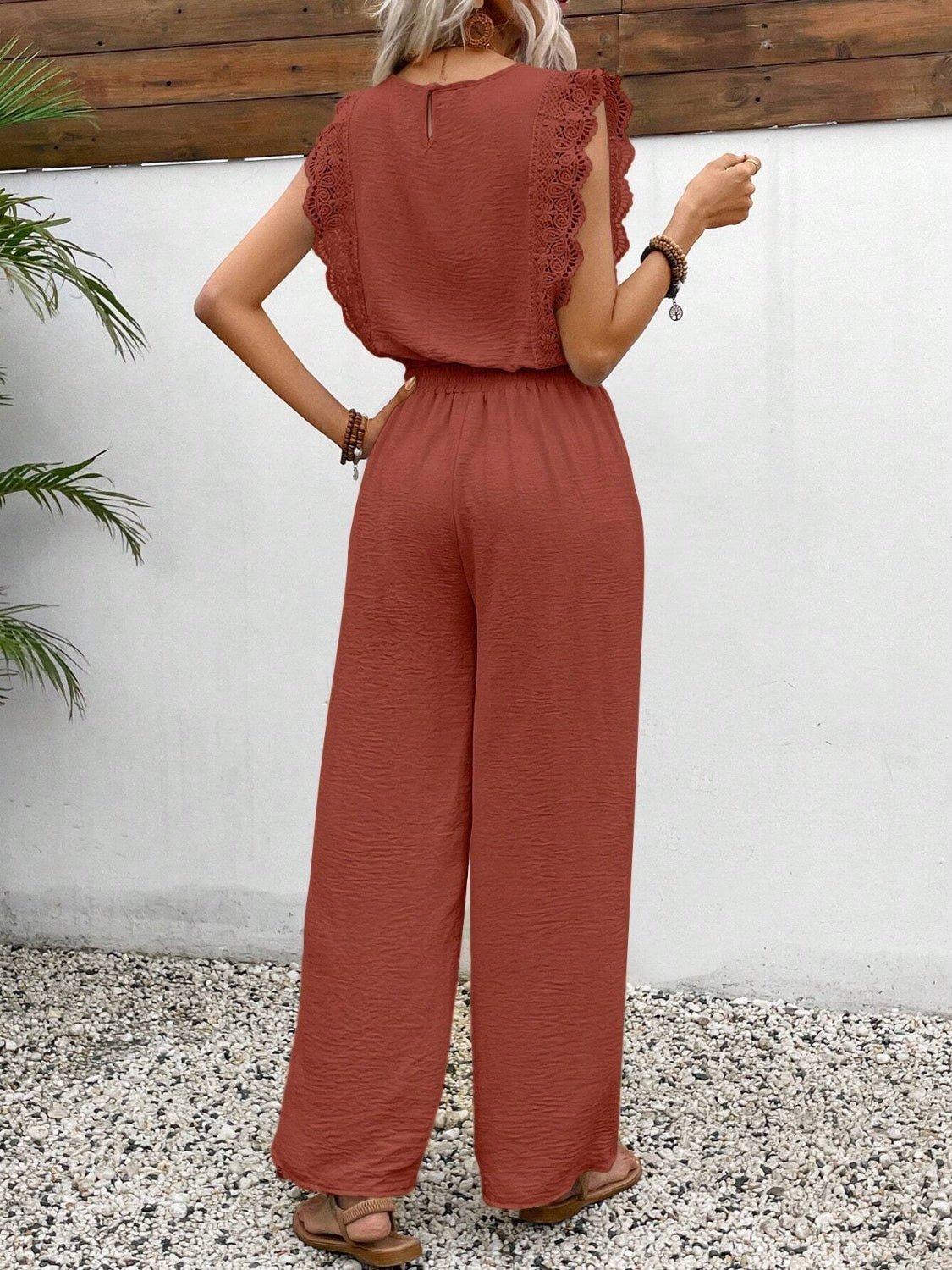Lace Trim Round Neck Top and Pants Set - ViarousViarousViarous