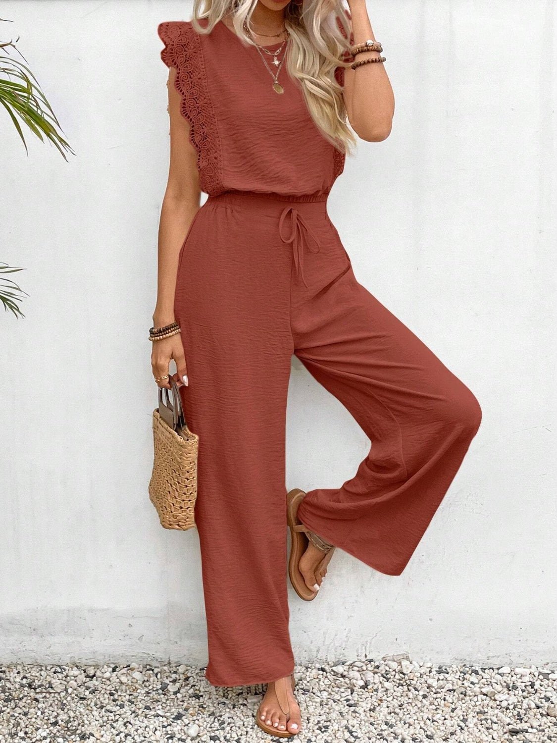 Lace Trim Round Neck Top and Pants Set - ViarousViarousViarous
