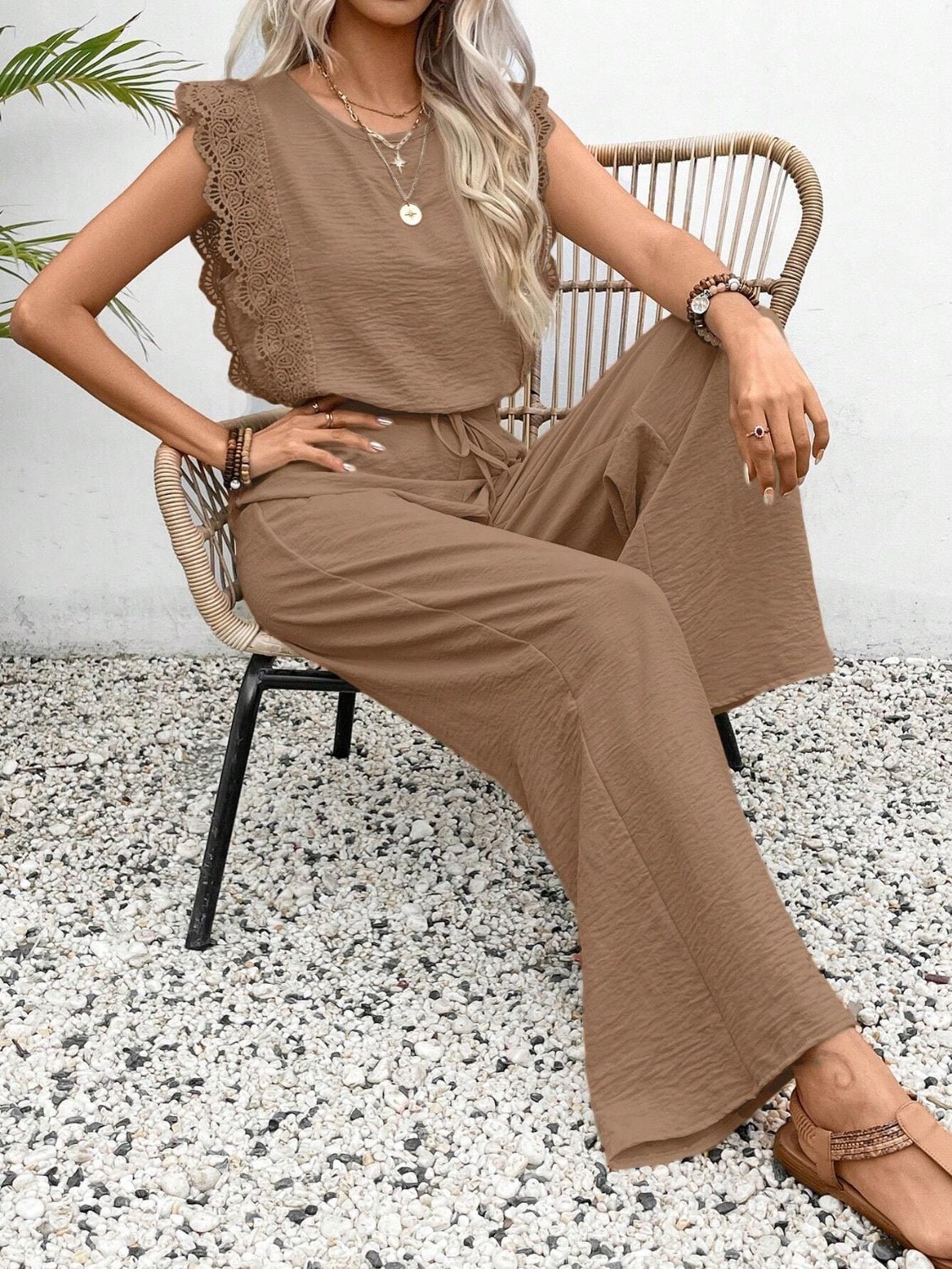 Lace Trim Round Neck Top and Pants Set - ViarousViarousViarous