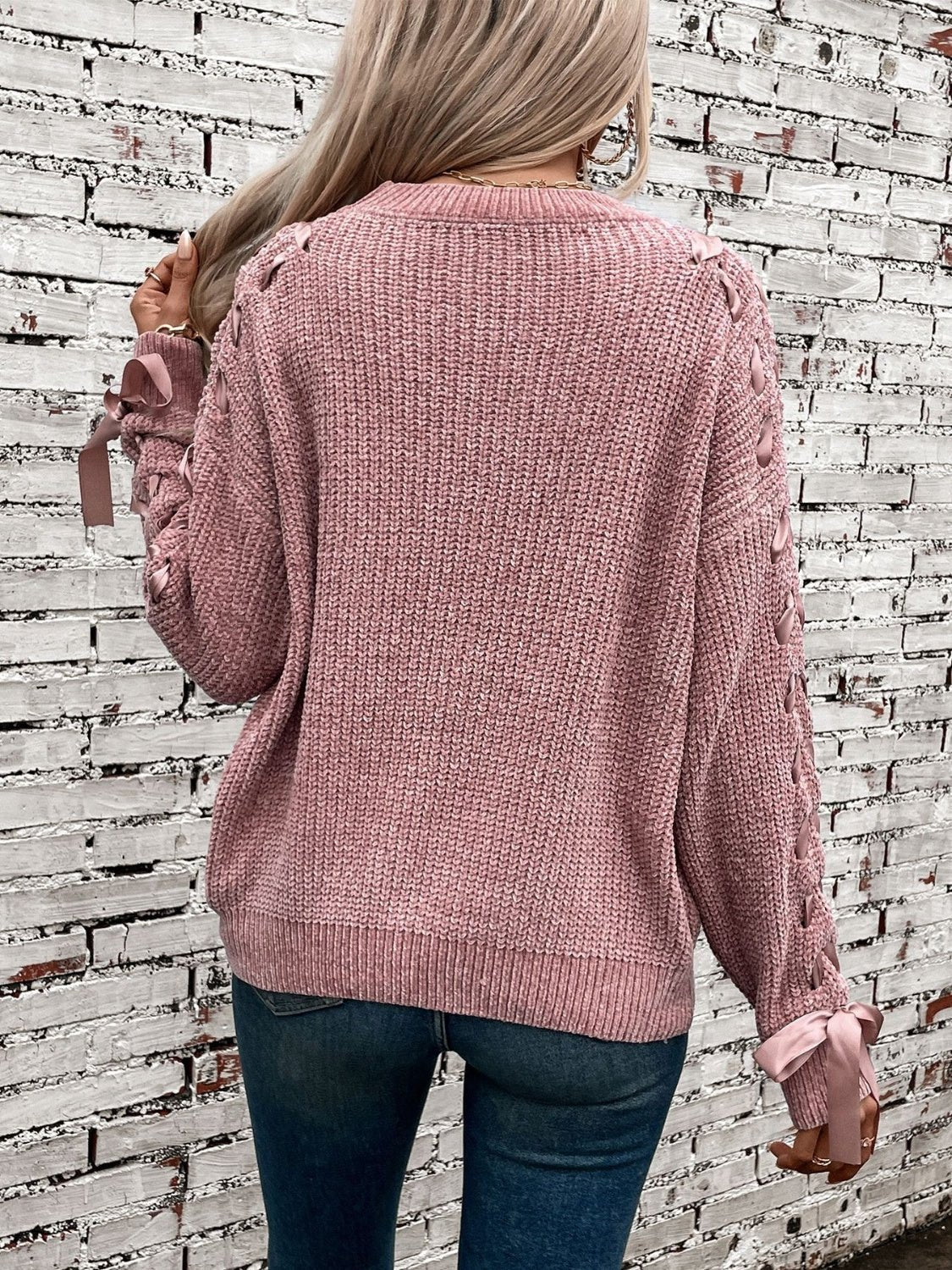 Lace Up Round Neck Long Sleeve Sweater - ViarousViarousViarous