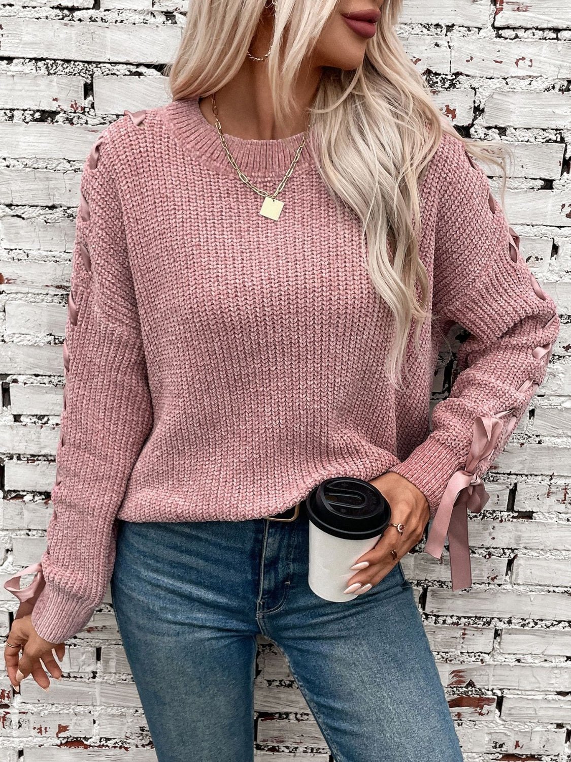 Lace Up Round Neck Long Sleeve Sweater - ViarousViarousViarous