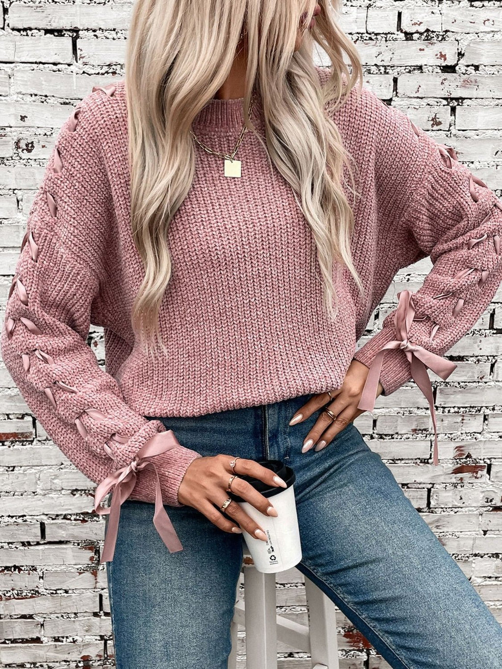 Lace Up Round Neck Long Sleeve Sweater - ViarousViarousViarous