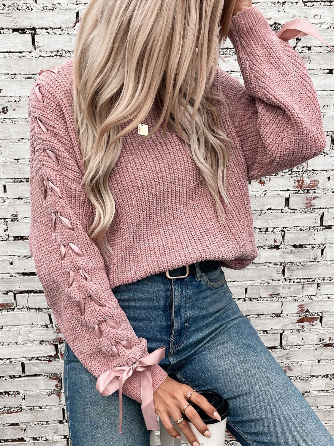Lace Up Round Neck Long Sleeve Sweater - ViarousViarousViarous
