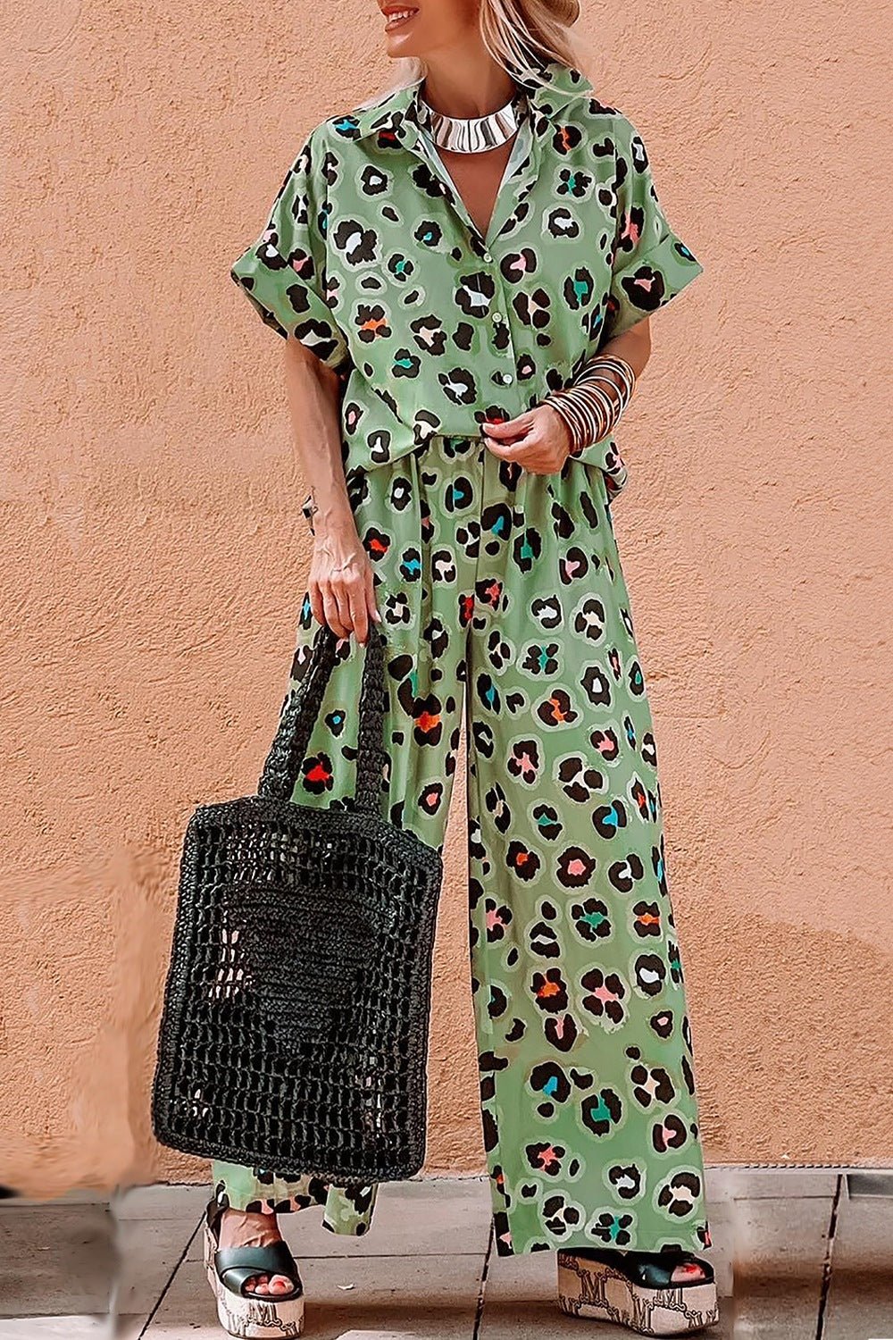Leopard Collared Neck Top and Pants Set - ViarousViarousViarous