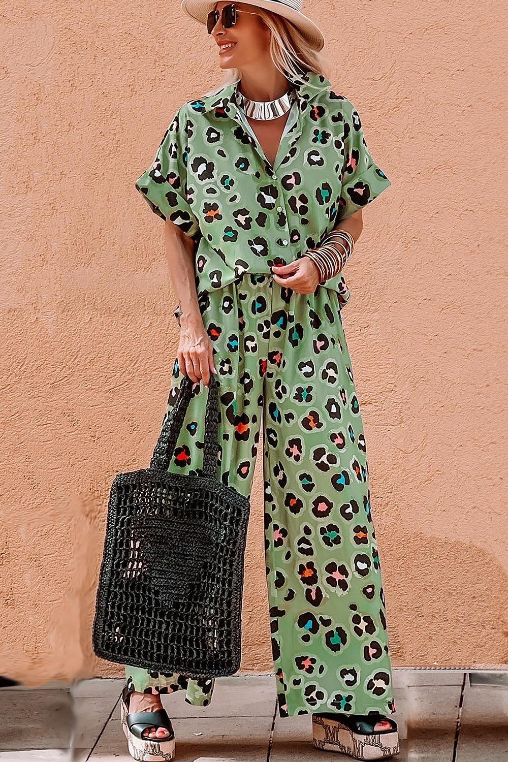 Leopard Collared Neck Top and Pants Set - ViarousViarousViarous