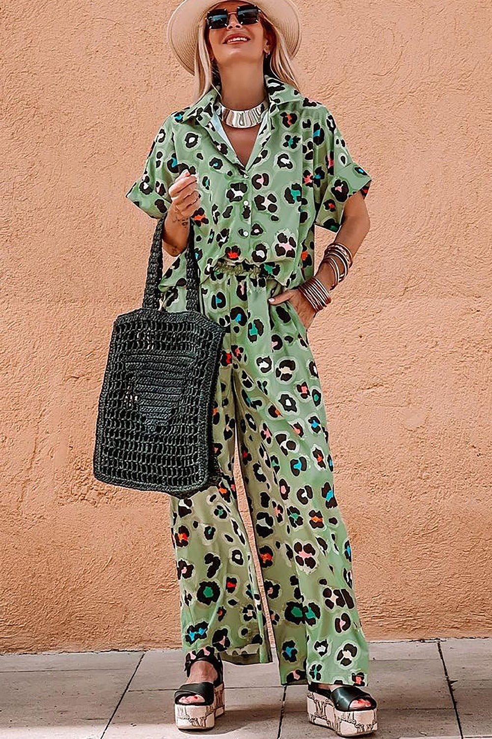 Leopard Collared Neck Top and Pants Set - ViarousViarousViarous