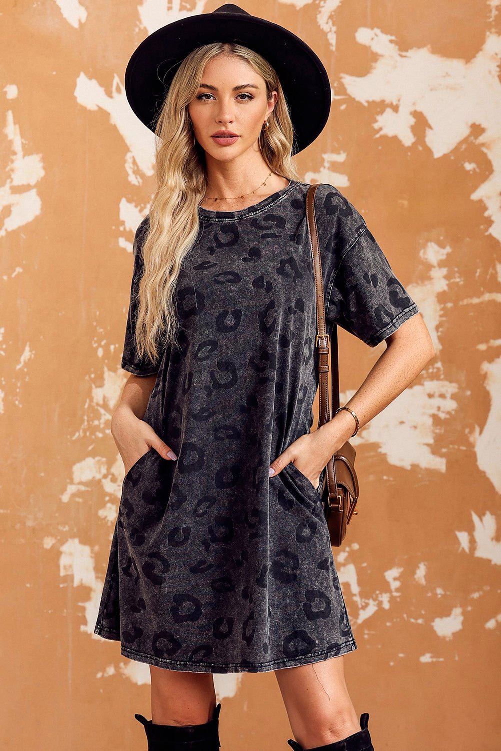 Leopard Round Neck Dropped Shoulder Dress with Pockets - ViarousViarousViarous
