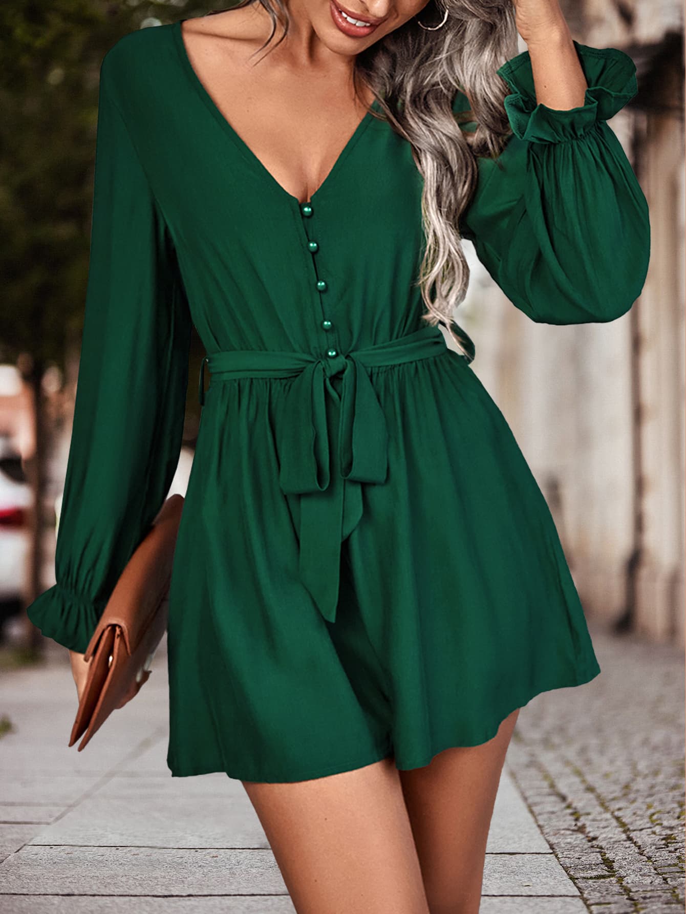 Long Flounce Sleeve V - Neck Romper - ViarousViarousViarous