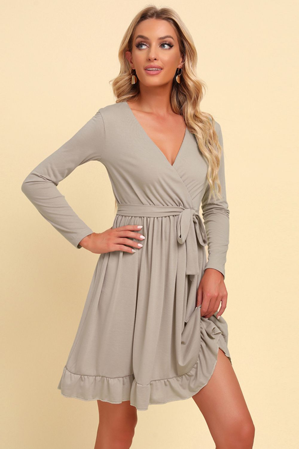 Long Sleeve Tie Waist Ruffle Hem Dress - ViarousViarousViarous
