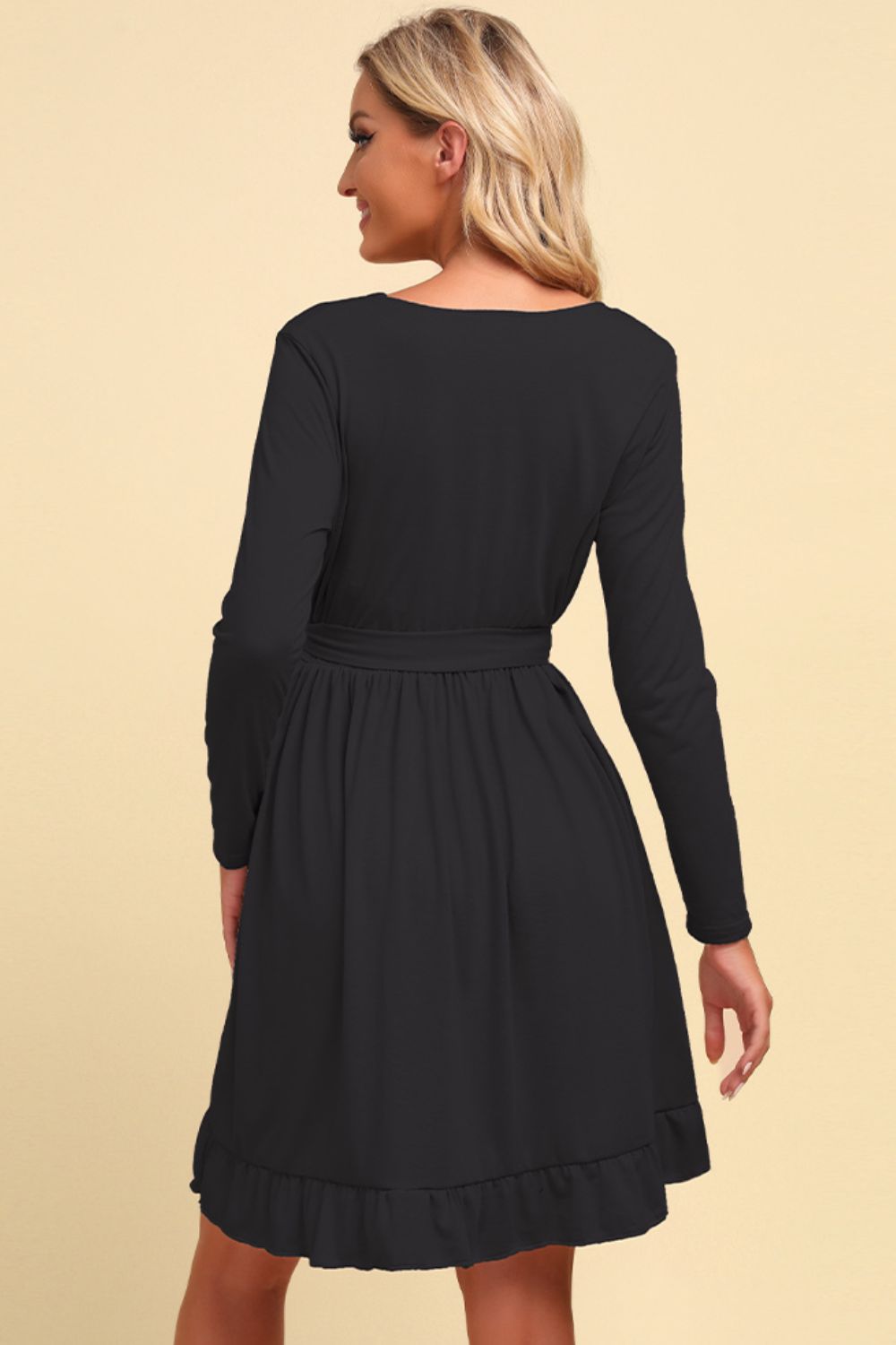 Long Sleeve Tie Waist Ruffle Hem Dress - ViarousViarousViarous