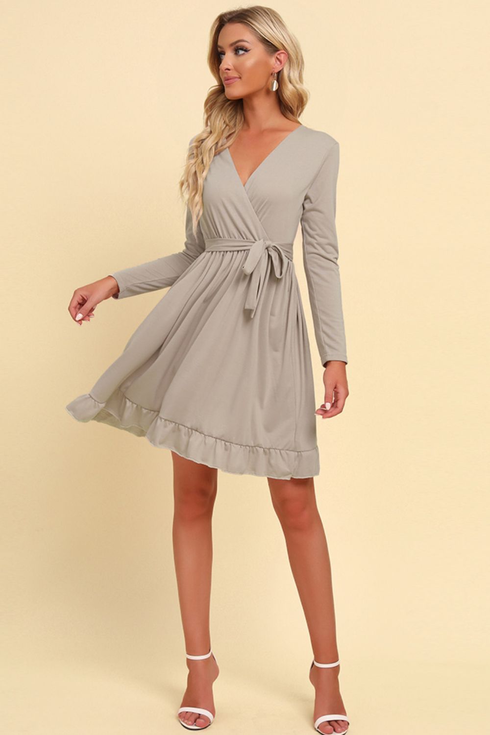 Long Sleeve Tie Waist Ruffle Hem Dress - ViarousViarousViarous