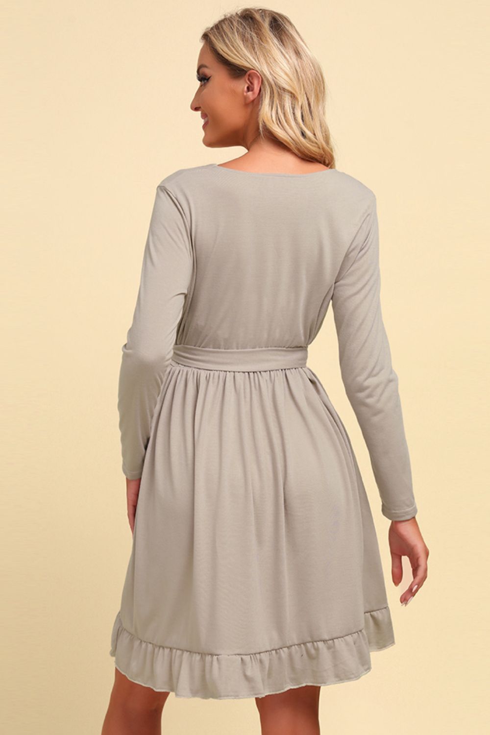 Long Sleeve Tie Waist Ruffle Hem Dress - ViarousViarousViarous