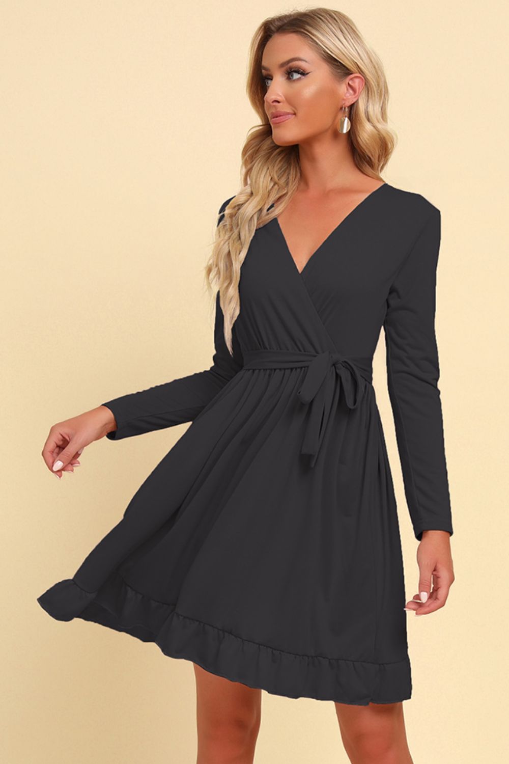 Long Sleeve Tie Waist Ruffle Hem Dress - ViarousViarousViarous